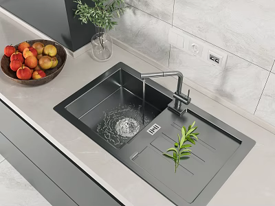 Modern Black Kitchen Sink with Faucet Running Water on Countertop Fruit Bowl and Green Plants 3d model