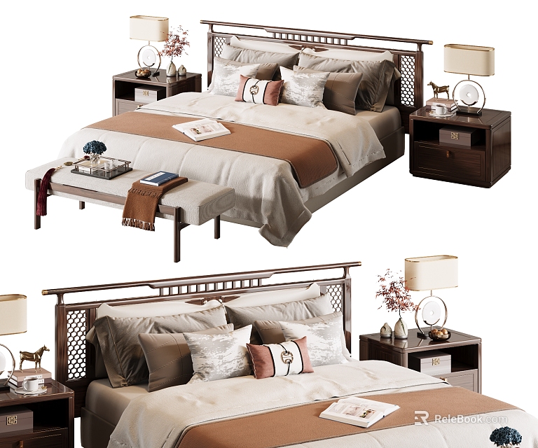 Double Bed Interior Setup With Nightstands Table Lamps Decorative Pillows And Bed Bench 3d model 