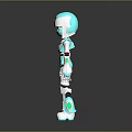 3D Humanoid Robot Character With Blue White Body Green Eyes On Reflective Surface