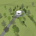 Outdoor Pergola Structure In Garden With Green Trees Mountain View And Circular Paved Area