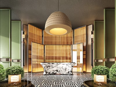 Modern Hotel Lobby Interior Design With Pendant Light Wooden Screens Green Walls And Geometric Floor 3d model