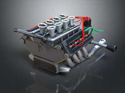 Detailed Mechanical Engine With Silver Cylinders Red Green Wires And Metal Exhaust Pipes 3d model