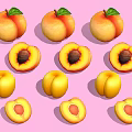 Fresh Juicy Peaches Whole And Halved With Green Leaves On Pink Background