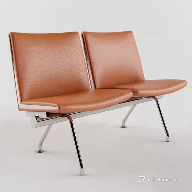 Modern Brown Leather Public Chairs With Metal Legs And Double Seats Design 3d model 