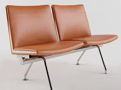 Modern Brown Leather Public Chairs With Metal Legs And Double Seats Design 3d model