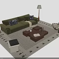 Green Velvet Sofa with Patterned Pillows and Modular Wooden Coffee Table Set on Striped Rug