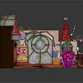 Enchanted Cartoon Scene Interior With Red Pointed Roofs Round Windows And Magic Potions