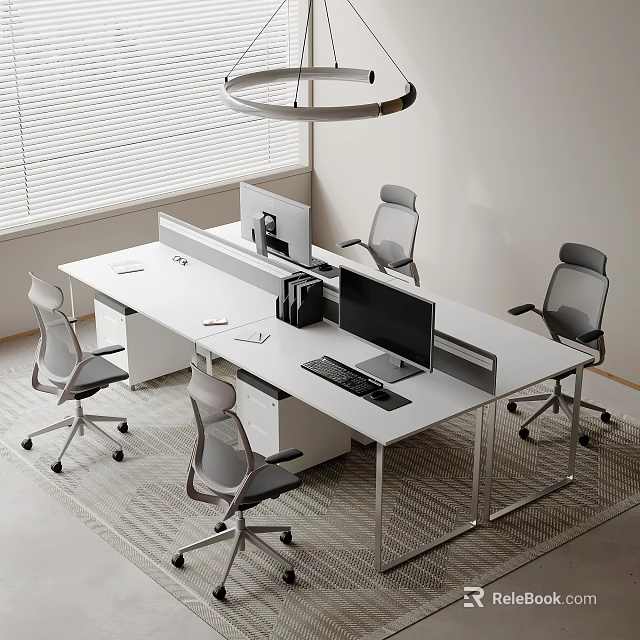 Modern Conference Table With Ergonomic Chairs Computer Monitors Window Blinds And Natural Light Office Space 3d model 