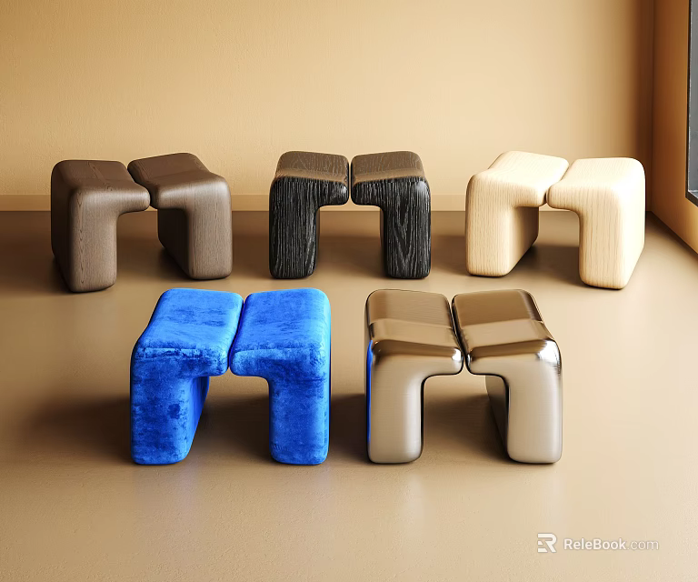 Modern Stools In Brown Black Beige Blue Silver With Leather And Metallic Design 3d model 