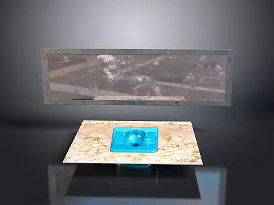 Square Marble Countertop Display Stand With Blue Square Object And Long Panel Above 3d model