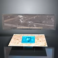 Square Marble Countertop Display Stand With Blue Square Object And Long Panel Above