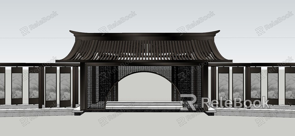 New Chinese-style Corridor Frame Moon Portal Screen Corridor model