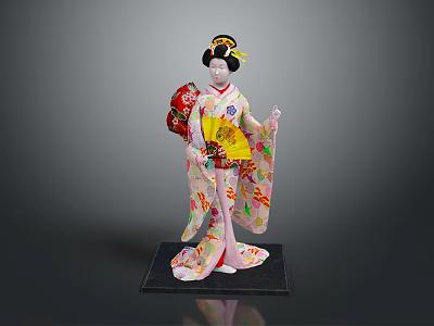 Traditional Japanese Geisha Woman Wearing Floral Kimono Holding Red Decorative Item On Black Base 3d model