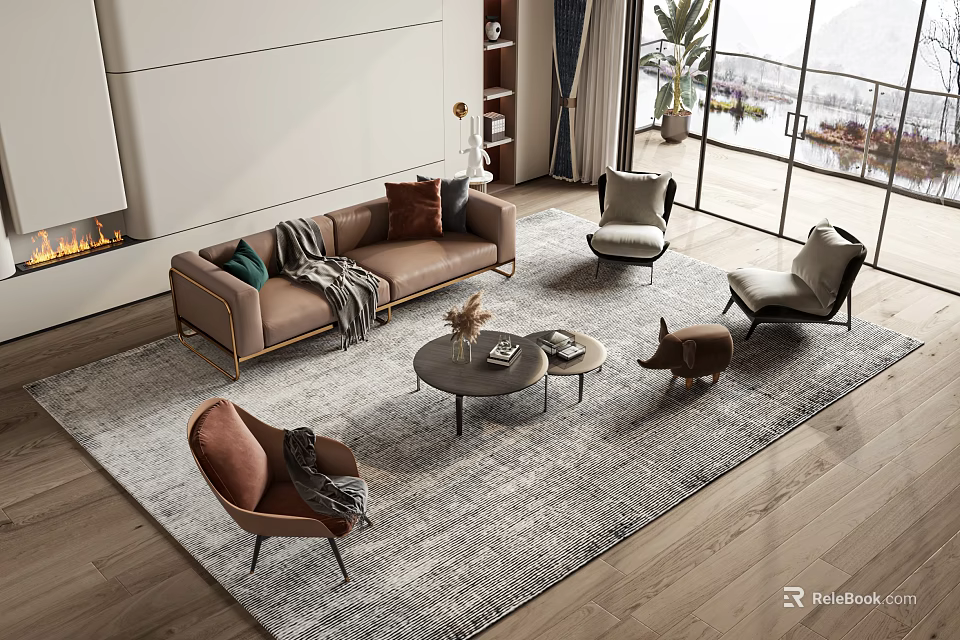 Modern Living Room Sofa and Coffee Table Set With Warm Tones Accent Chairs and Area Rug 3d model 
