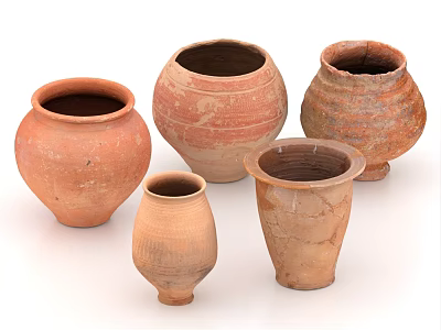 Terracotta Ceramic Pots With Textured Surfaces In Various Shapes And Sizes 3d model