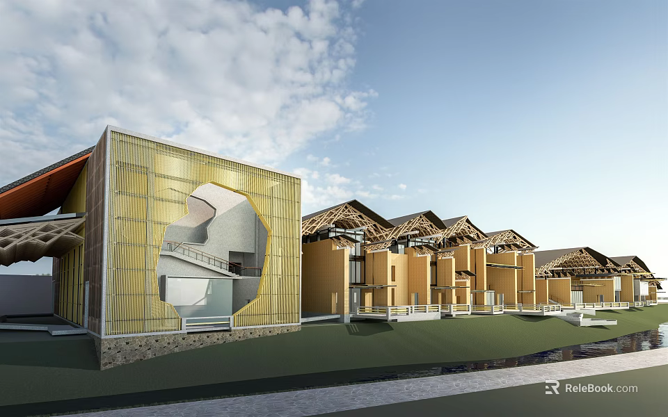 Modern Museum Building With Golden Facade Circular Opening And Green Lawn 3d model 