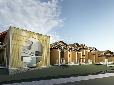 Modern Museum Building With Golden Facade Circular Opening And Green Lawn 3d model