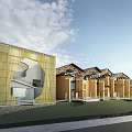 Modern Museum Building With Golden Facade Circular Opening And Green Lawn