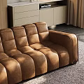 Modern Living Room Interior With Brown Leather Sofa Wooden Wall Artwork Floor Lamp And Rug