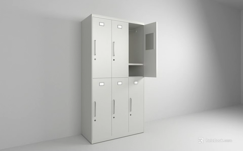 White Locker Cabinet With Multiple Doors And Open Compartment Interior Shelf 3d model