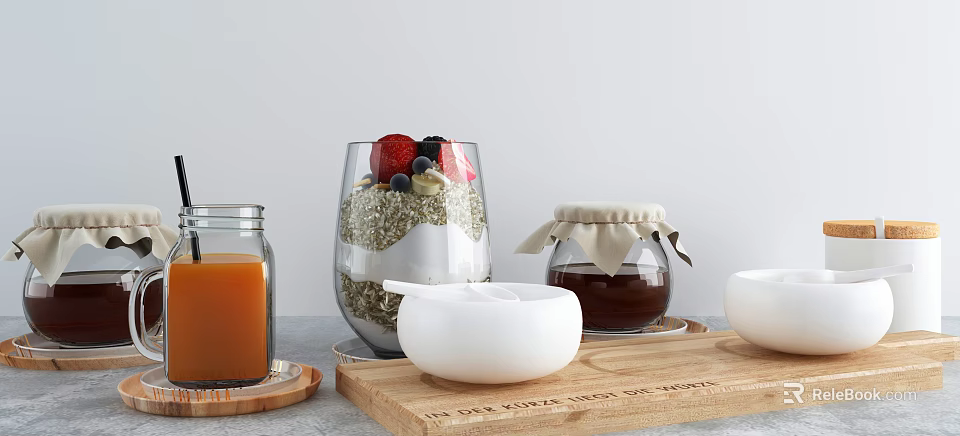 Healthy Homemade Oatmeal Jar with Fresh Strawberries Blueberries Banana Slices Honey and Orange Drink 3d model 