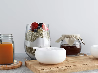 Healthy Homemade Oatmeal Jar with Fresh Strawberries Blueberries Banana Slices Honey and Orange Drink 3d model