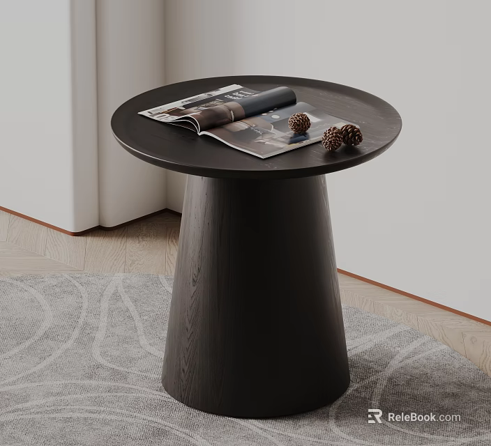 Round Black Wooden Coffee Table With Conical Base And Magazine Pinecones On Rug 3d model 
