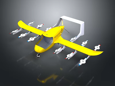 Futuristic Yellow Passenger Aircraft With Multiple Propellers And White Wings Design 3d model
