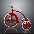 Red Classic Tricycle with White Seat and Rims on Dark Background with Reflective Surface
