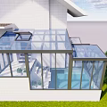 Villa Balcony With Glass Structure Green Lawn Trees And Blue Sky
