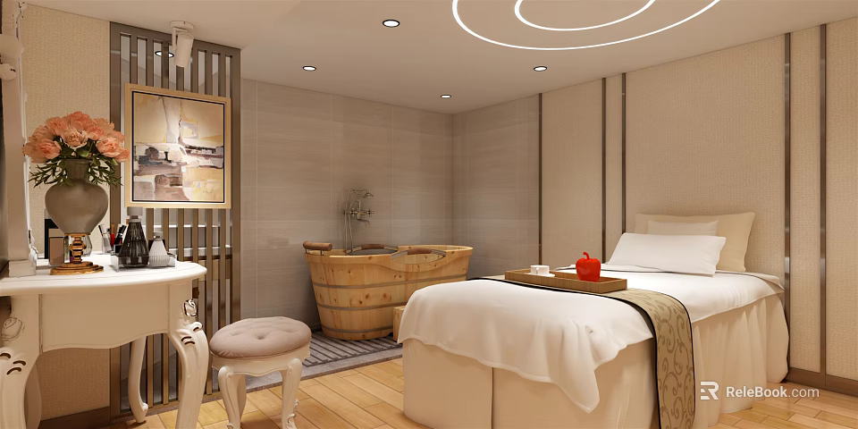 SPA Sauna Interior With Wooden Bucket Treatment Bed White Sheets And Red Teacup On Tray 3d model 