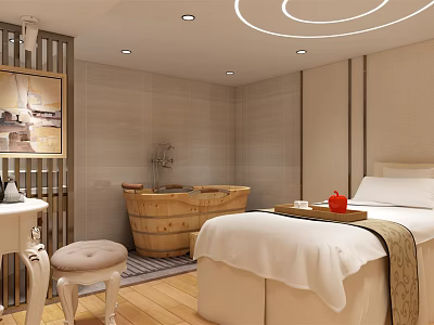 SPA Sauna Interior With Wooden Bucket Treatment Bed White Sheets And Red Teacup On Tray 3d model