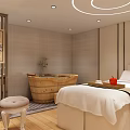 SPA Sauna Interior With Wooden Bucket Treatment Bed White Sheets And Red Teacup On Tray