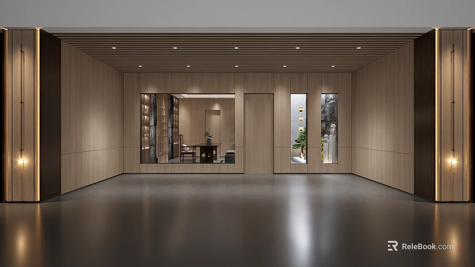 Minimalist Modern Tea Room Interior Design With Wooden Panels Glass Doors And Soft Lighting 3d model 