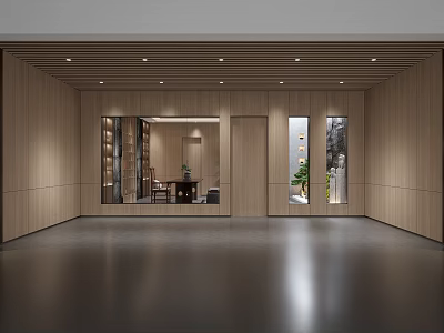 Minimalist Modern Tea Room Interior Design With Wooden Panels Glass Doors And Soft Lighting 3d model