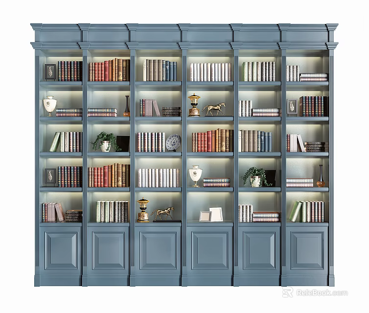 Blue Bookshelf With Multiple Shelves Books And Decorative Items 3d model 