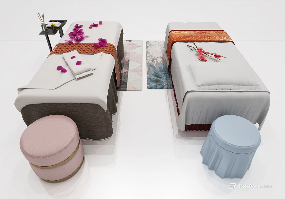 Two Elegant SPA Massage Tables With White Sheets Decorative Petals Aromatherapy Pink And Blue Stools 3d model 