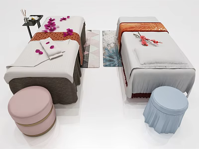 Two Elegant SPA Massage Tables With White Sheets Decorative Petals Aromatherapy Pink And Blue Stools 3d model