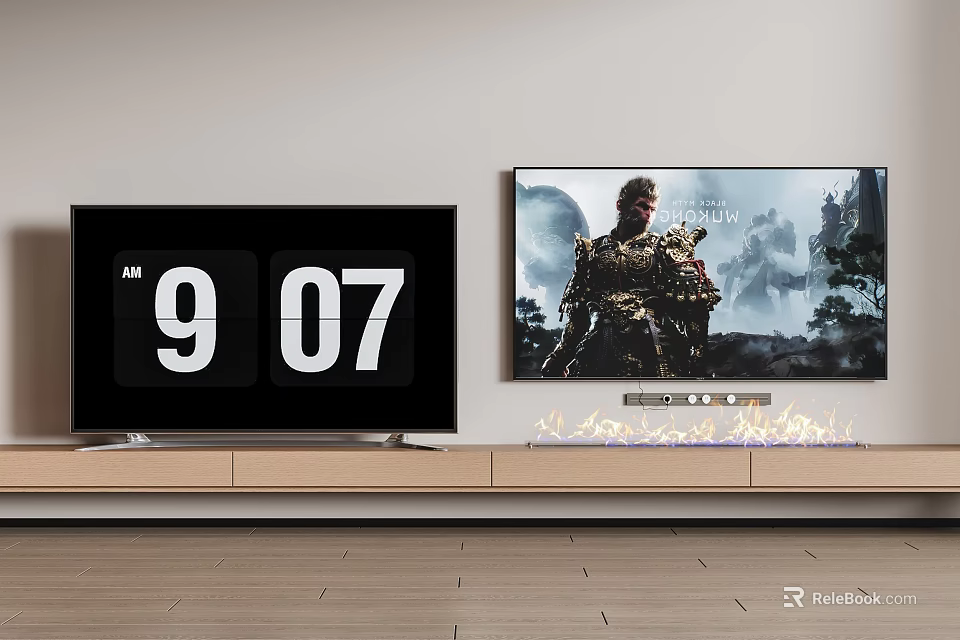 Two Televisions Displaying 907 Digital Time and Armor Character Mountain Landscape on Wooden TV Stand 3d model 
