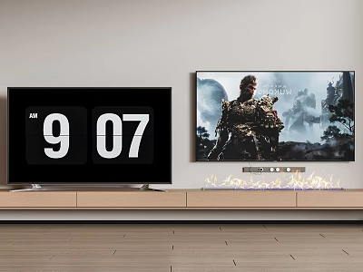 Two Televisions Displaying 907 Digital Time and Armor Character Mountain Landscape on Wooden TV Stand 3d model