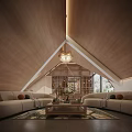 Modern Wooden Pitched Roof Interior With Large Windows City View Dining Table And Round Sofa