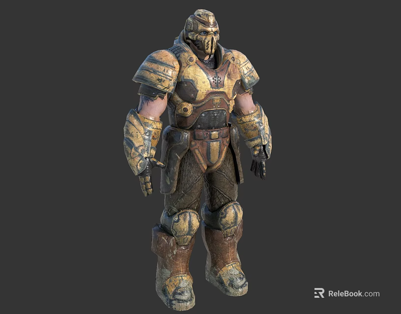 Medieval Armored Warrior Character With Sturdy Golden Brown Metallic Armor In Standing Pose 3d model 