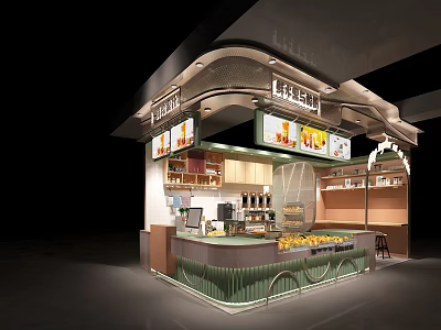 Modern Milk Tea Shop Interior With Counter Drink Displays And Decorative Lighting 3d model