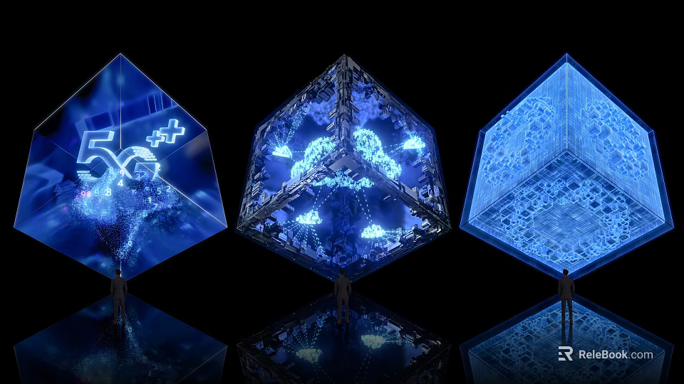 Blue Illuminated Cube Art Installation With Geometric Design And Light Reflections 3d model