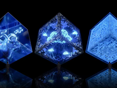 Blue Illuminated Cube Art Installation With Geometric Design And Light Reflections 3d model