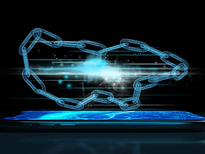 Futuristic Smartphone Digital Tech Featuring Glowing Blue Chain Connection Design On Screen 3d model