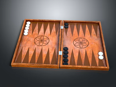 Open Wooden Backgammon Board With Star Pattern And Black White Checkers 3d model