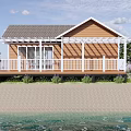 Wooden Cabin Outdoor Space With White Railings Pergola Lavender Trees And Paved Ground