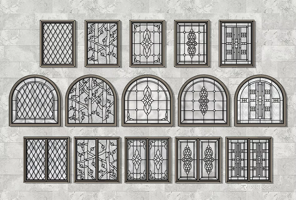 Decorative Window Designs With Arched And Square Shapes Grilles And Ornate Patterns 3d model 