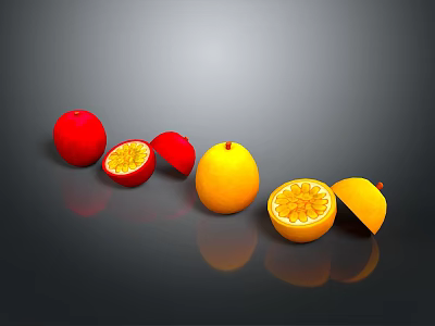 Fresh Citrus Fruits Whole and Sliced Red Yellow with Shiny Surface on Dark Background 3d model